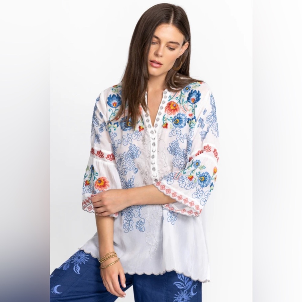 Johnny Was White Embroidered Blouse
